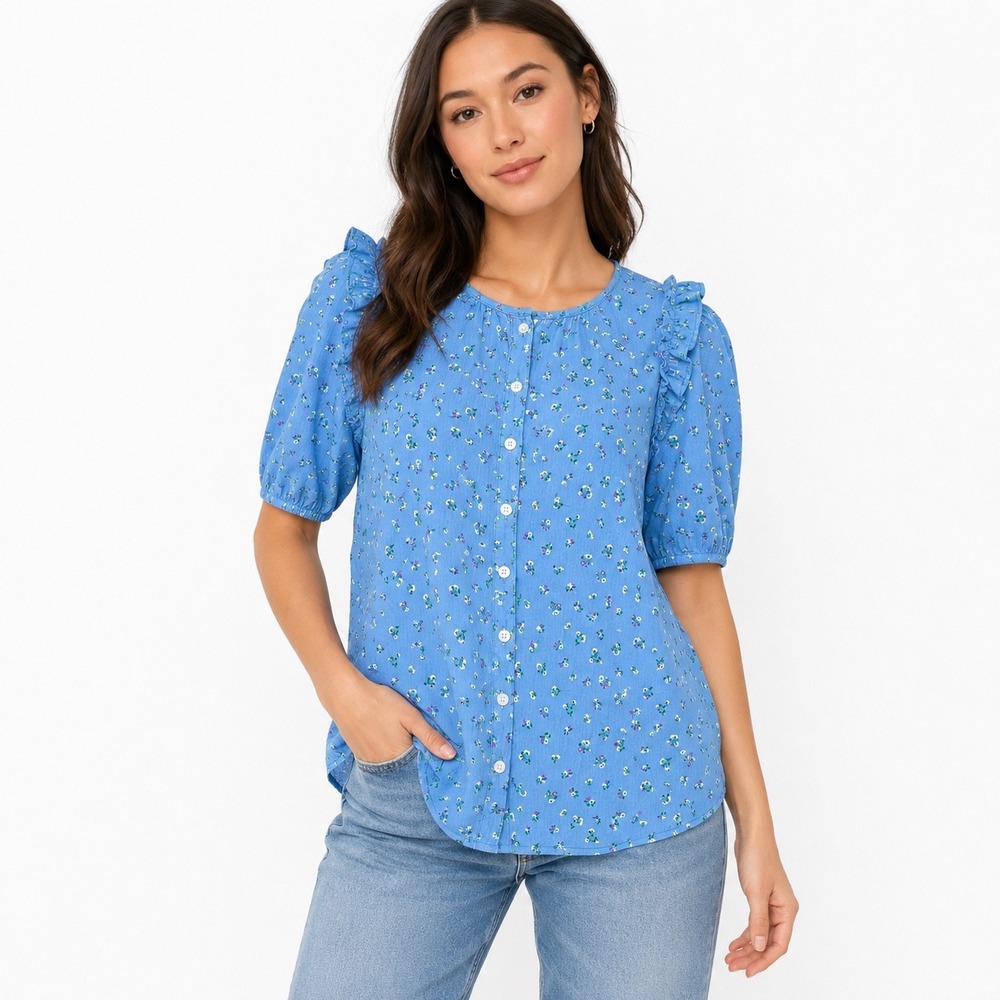 LOFT Petites Blue Floral Ruffle Button Down Blouse XSP Short Sleeve Rayon Top